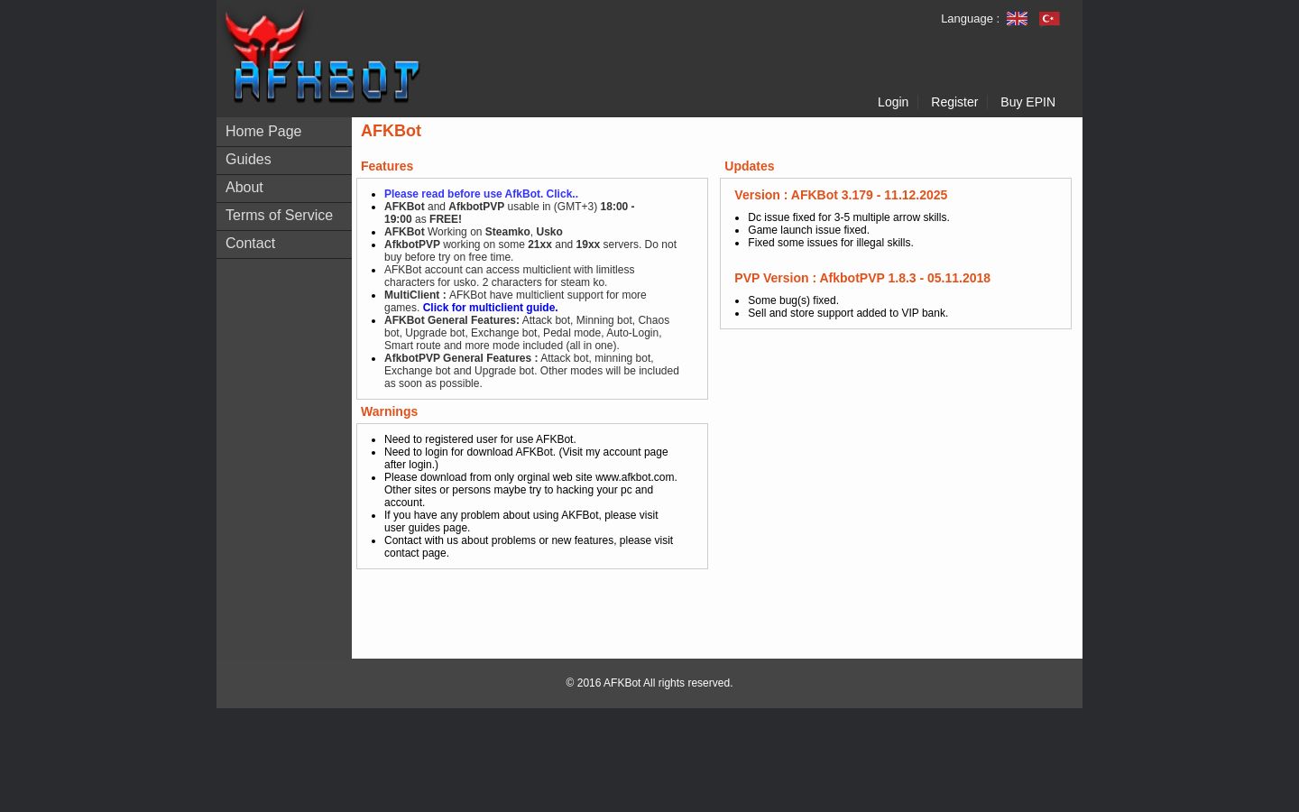 Afkbot.com website homepage - live status check by WebsiteDown.xyz
