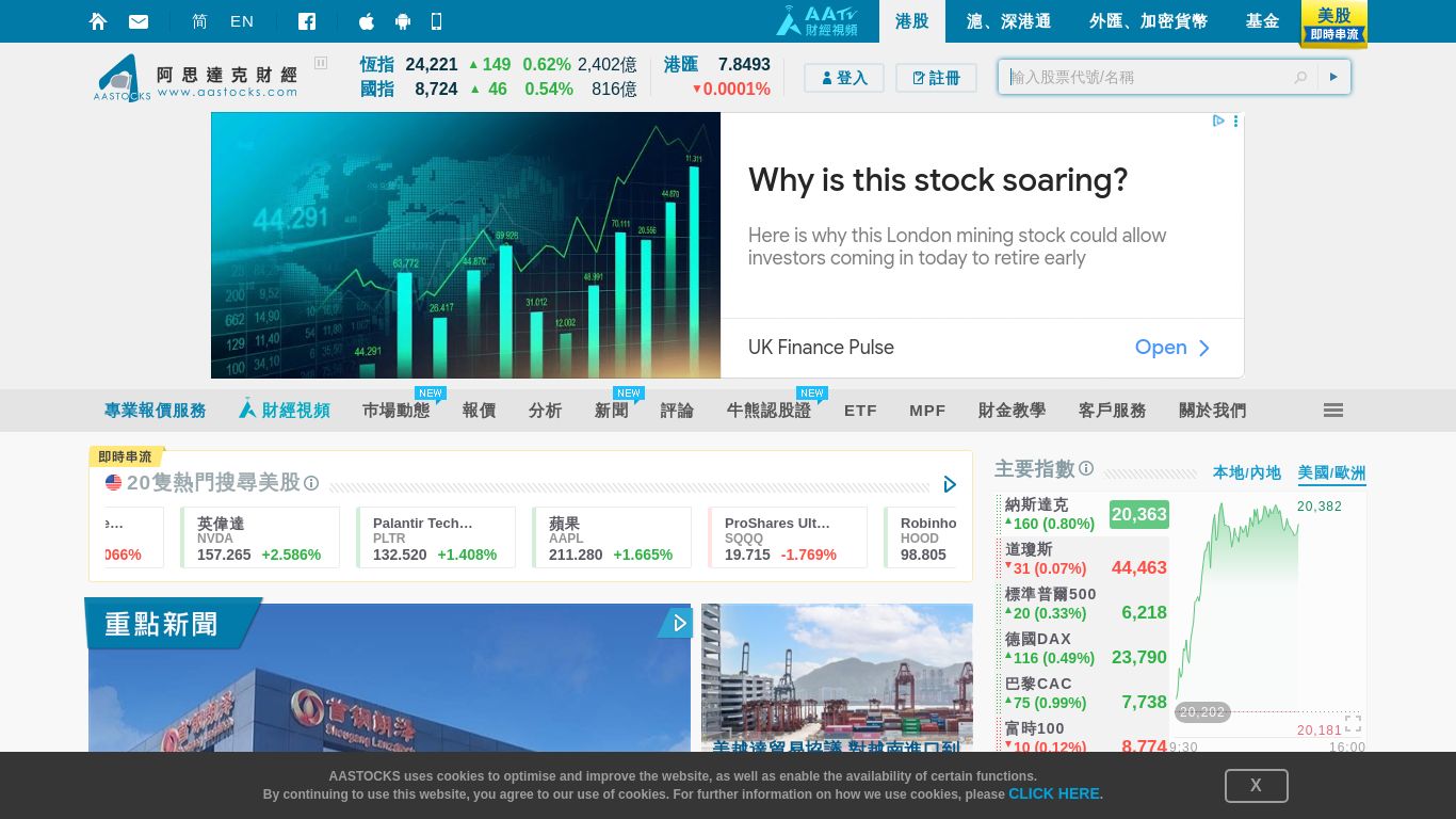 aastocks.com website homepage - live status check by WebsiteDown.xyz