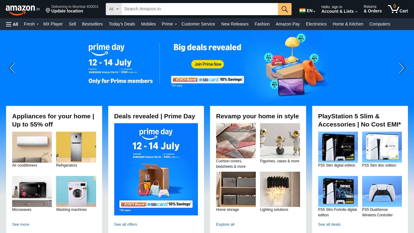 amazon.in website homepage - live status check by WebsiteDown.xyz