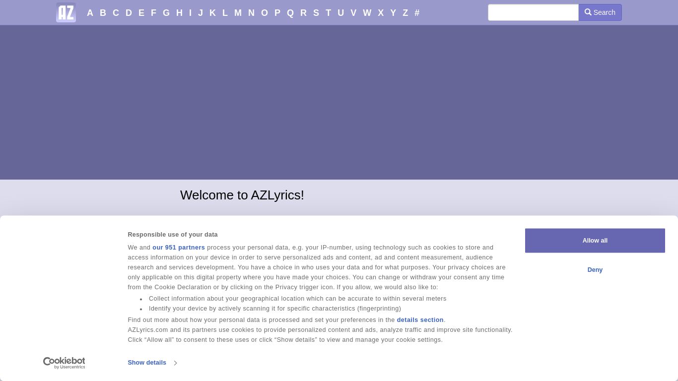 azlyrics.com website homepage - live status check by WebsiteDown.xyz