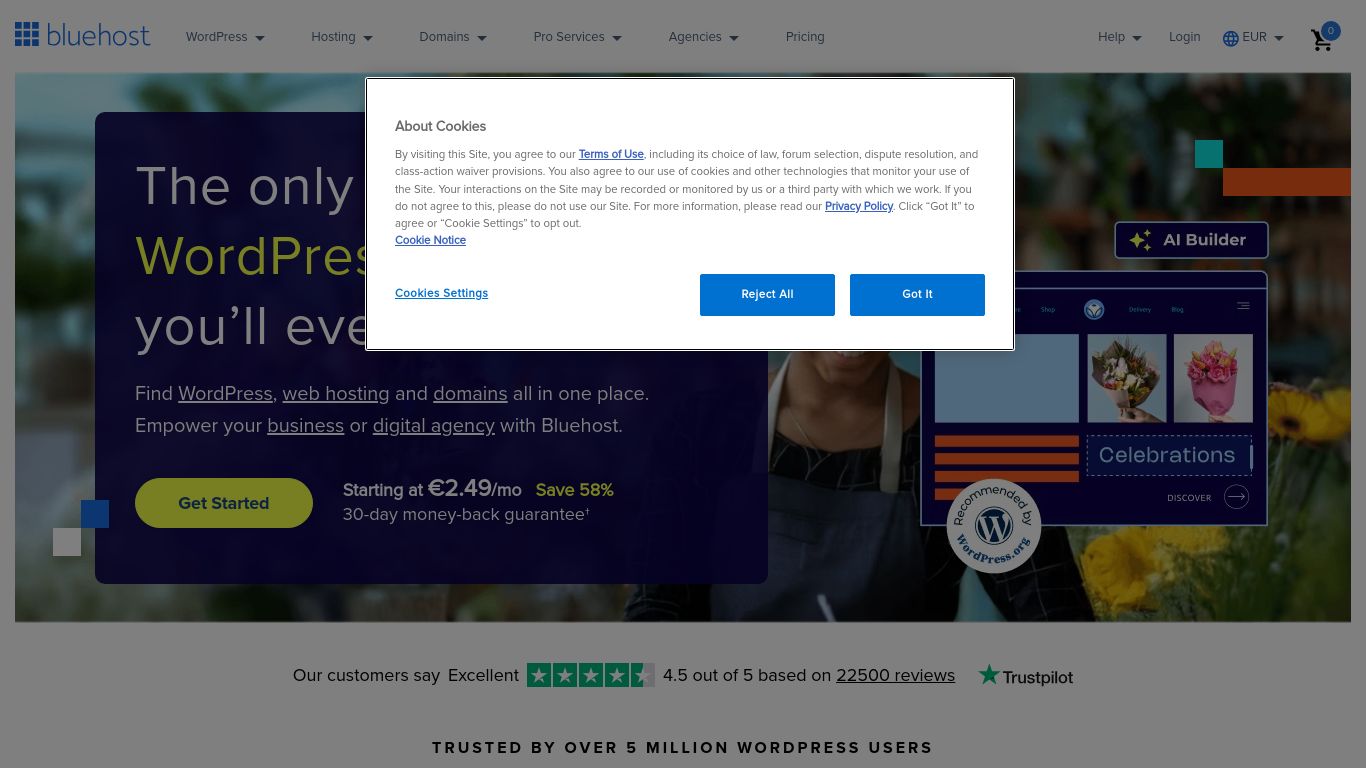 bluehost.com website homepage - live status check by WebsiteDown.xyz