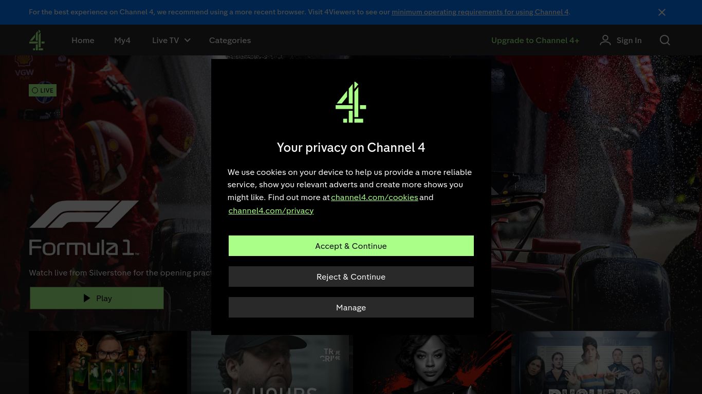 channel4.com website homepage - live status check by WebsiteDown.xyz