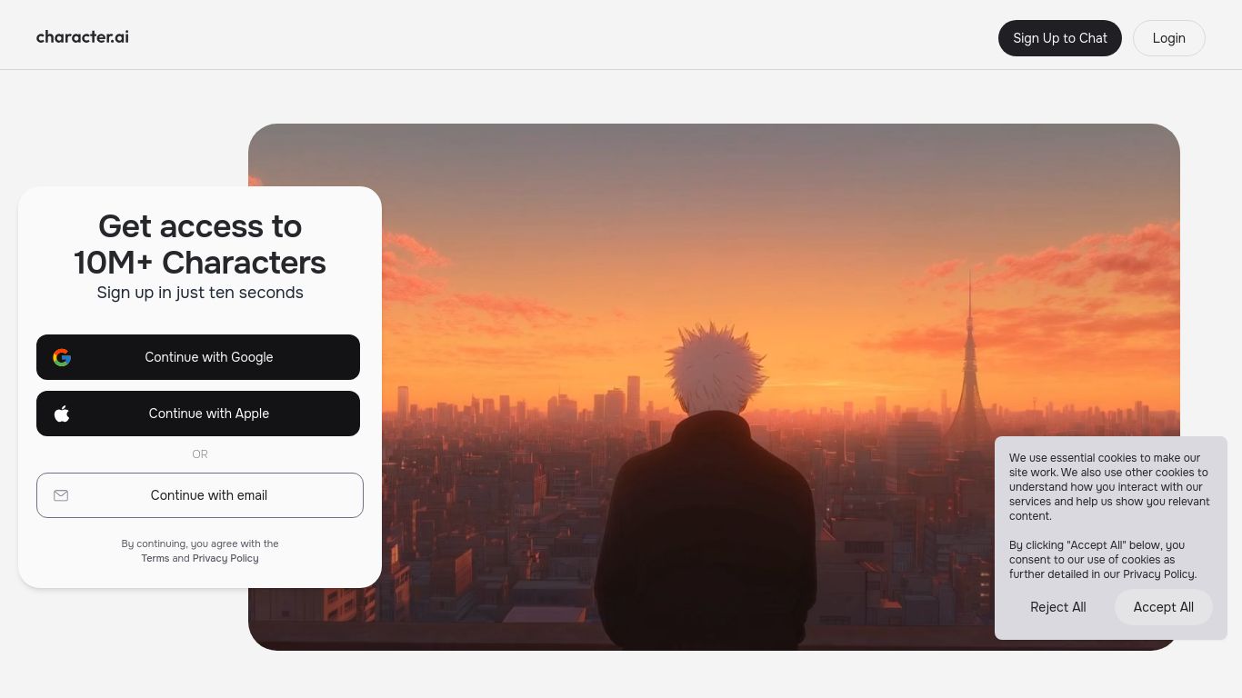 character.ai website homepage - live status check by WebsiteDown.xyz
