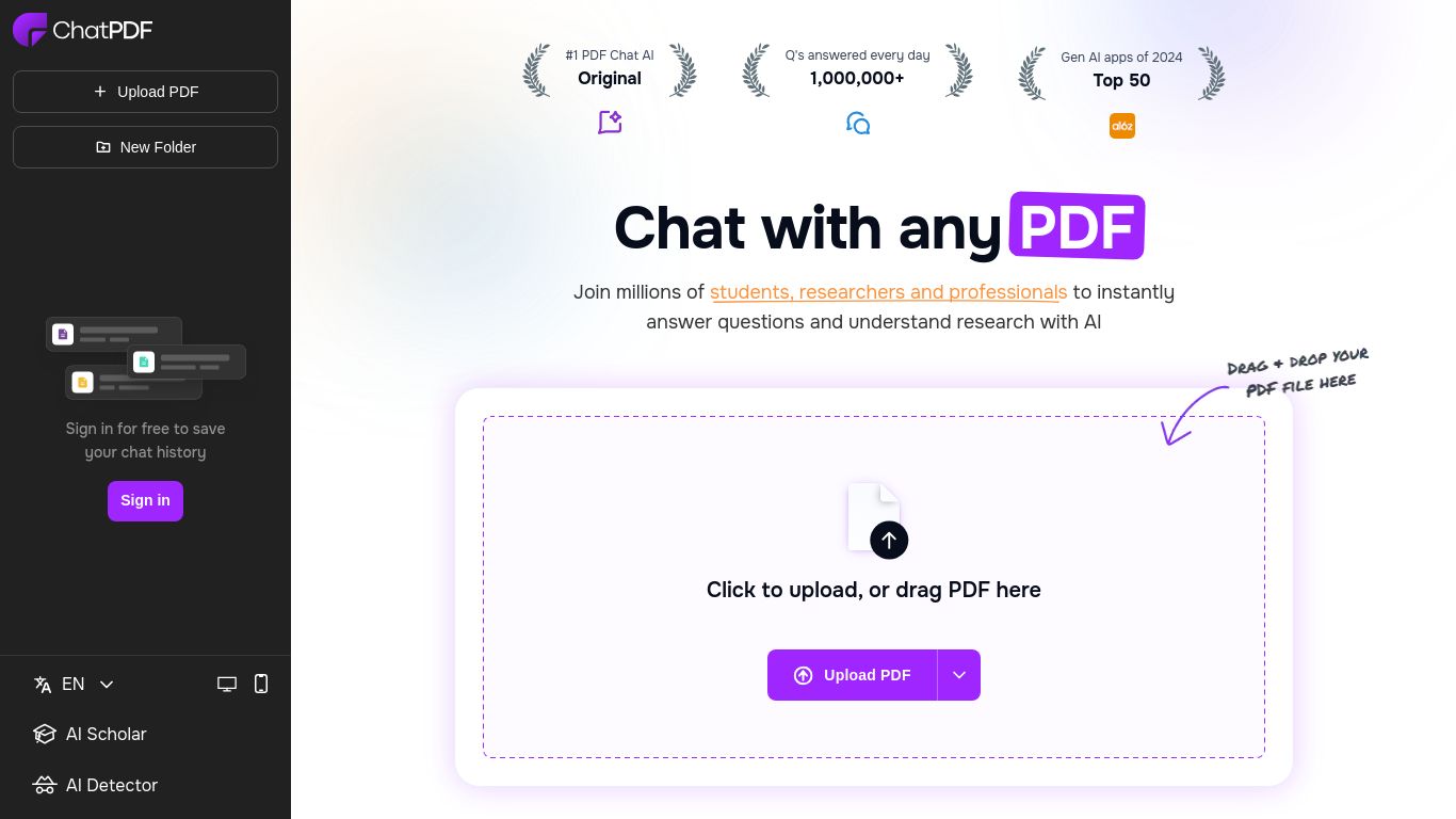 chatpdf.com website homepage - live status check by WebsiteDown.xyz