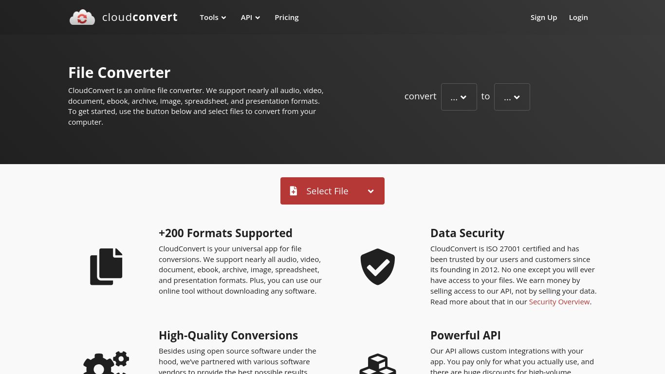 cloudconvert.com website homepage - live status check by WebsiteDown.xyz