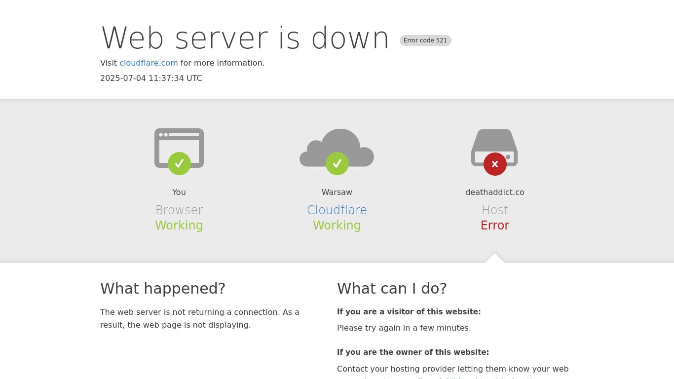 deathaddict.co website homepage - live status check by WebsiteDown.xyz