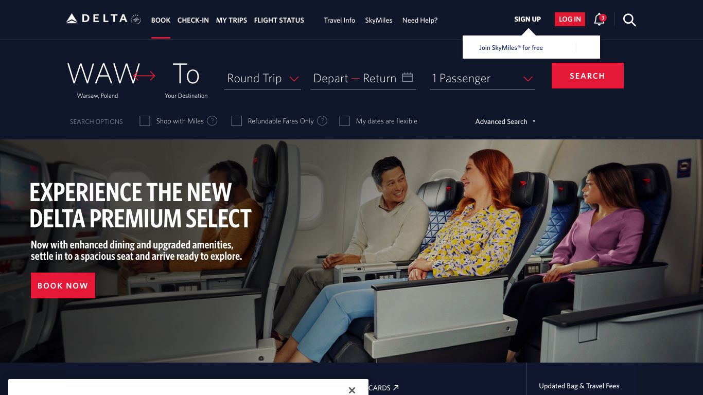 delta.com website homepage - live status check by WebsiteDown.xyz