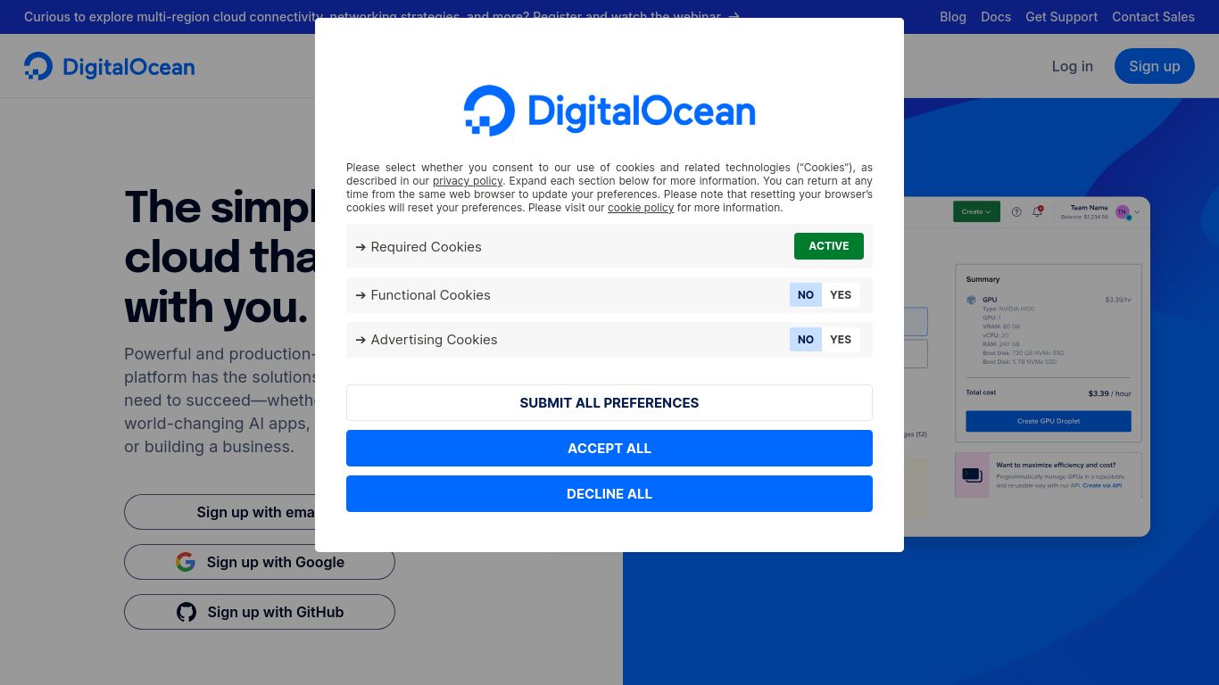 digitalocean.com website homepage - live status check by WebsiteDown.xyz