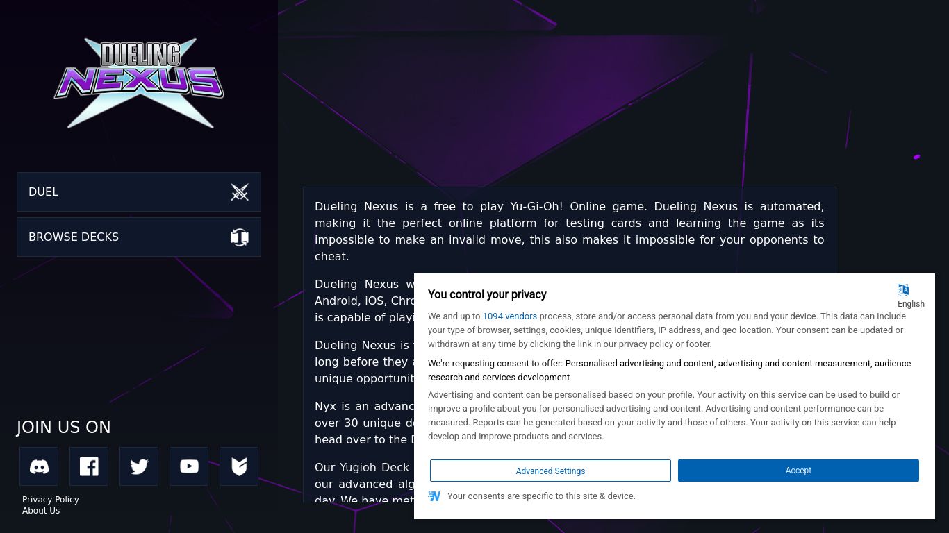 duelingnexus.com website homepage - live status check by WebsiteDown.xyz