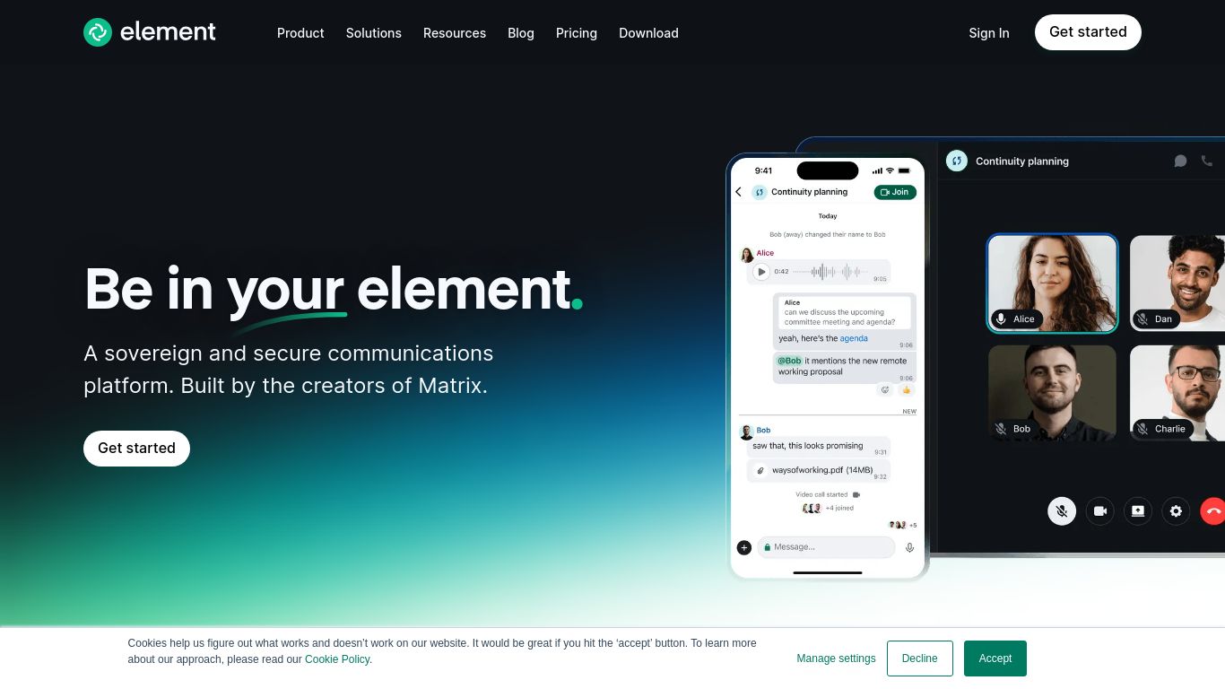 element.io website homepage - live status check by WebsiteDown.xyz