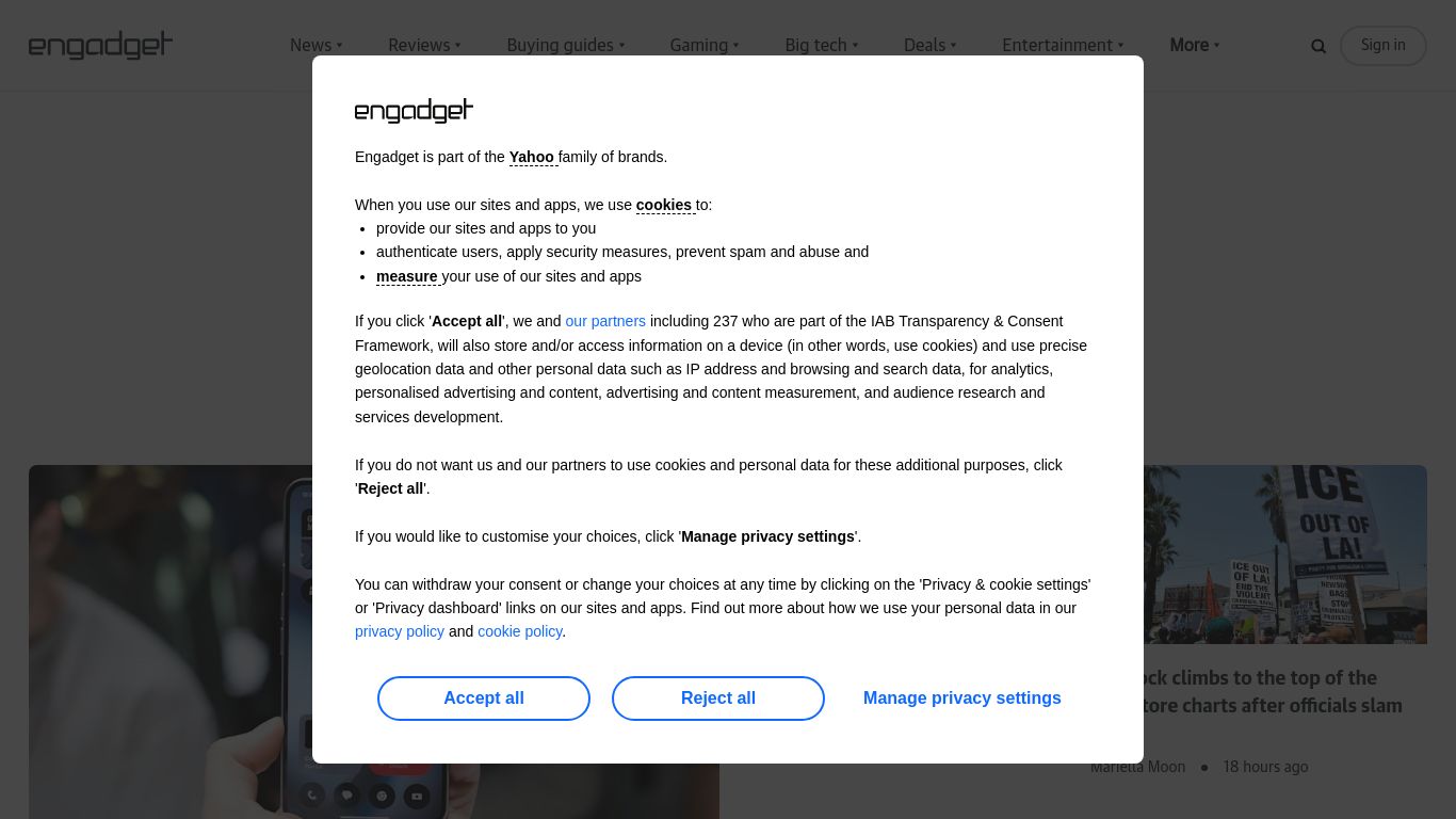 engadget.com website homepage - live status check by WebsiteDown.xyz
