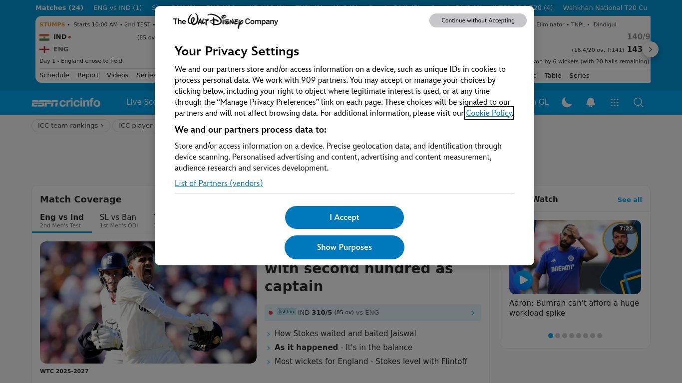 espncricinfo.com website homepage - live status check by WebsiteDown.xyz