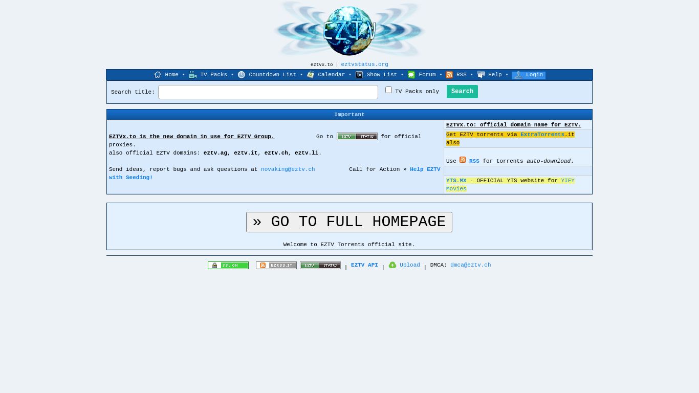 eztv.re website homepage - live status check by WebsiteDown.xyz