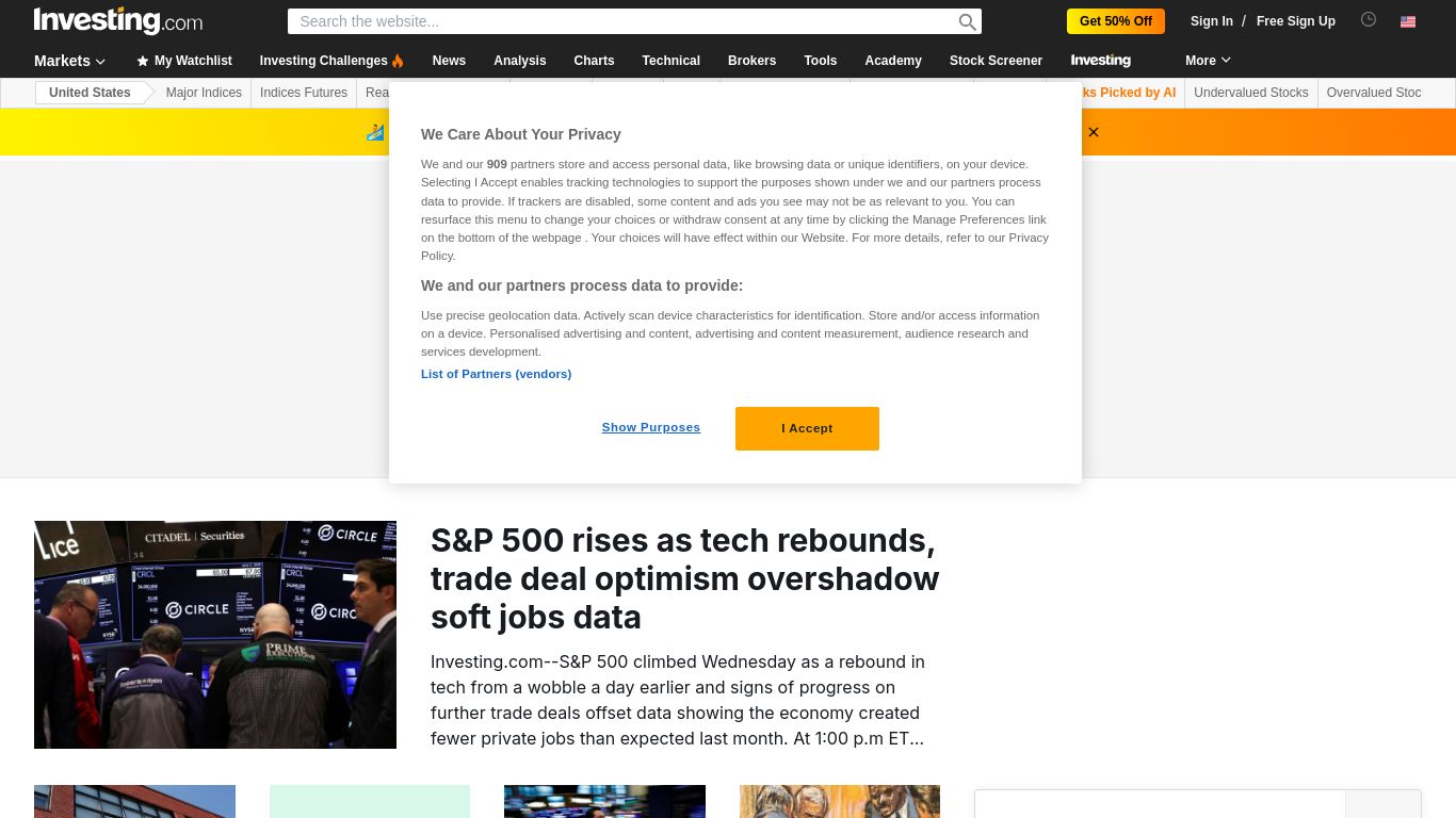 investing.com website homepage - live status check by WebsiteDown.xyz