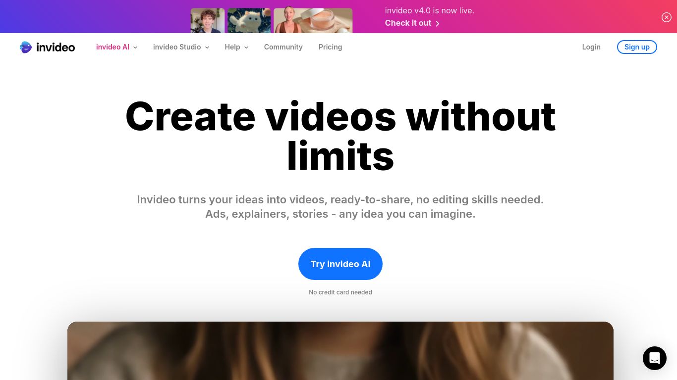 invideo.io website homepage - live status check by WebsiteDown.xyz