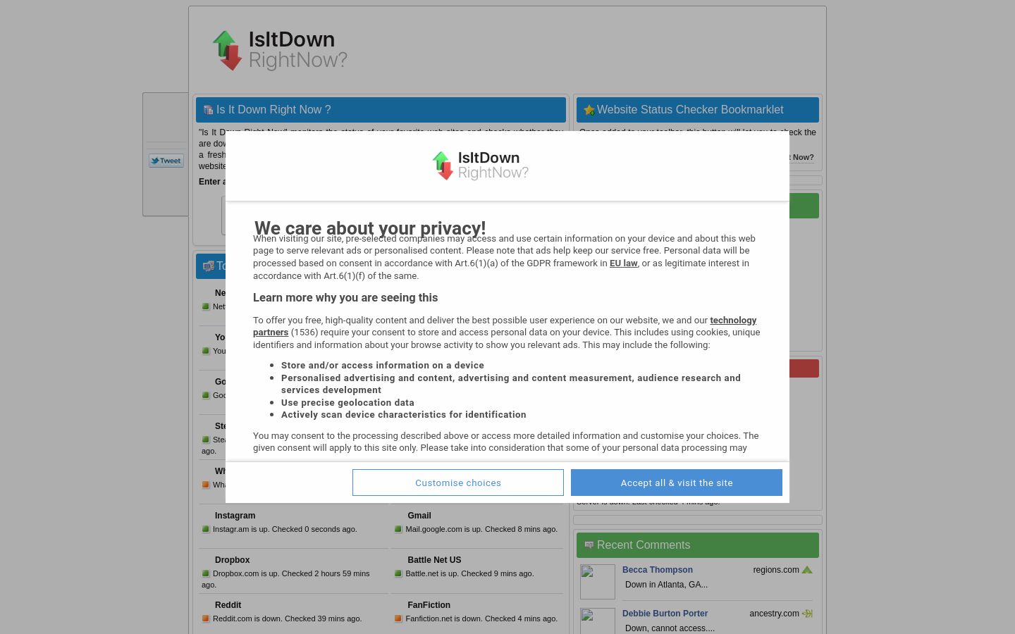 isitdownrightnow.com website homepage - live status check by WebsiteDown.xyz