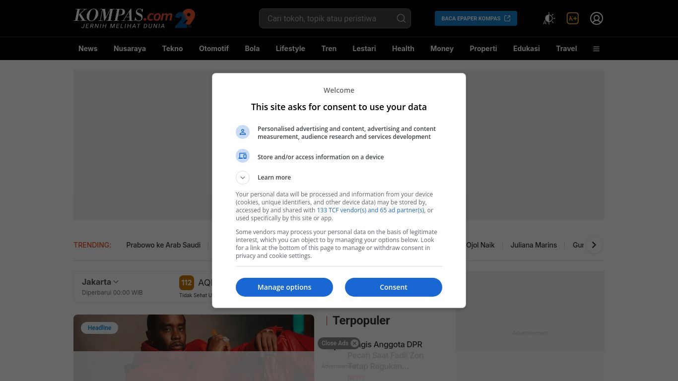 kompas.com website homepage - live status check by WebsiteDown.xyz