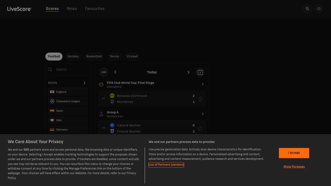 livescore.com website homepage - live status check by WebsiteDown.xyz