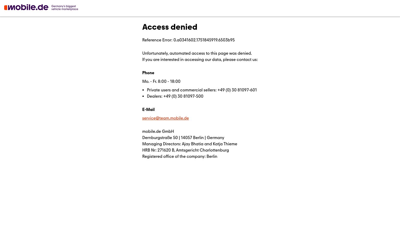 mobile.de website homepage - live status check by WebsiteDown.xyz