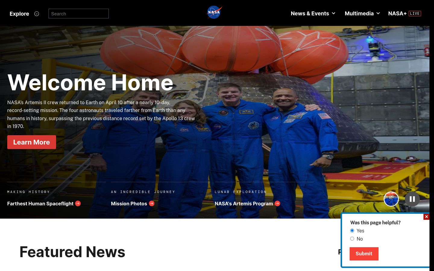nasa.gov website homepage - live status check by WebsiteDown.xyz