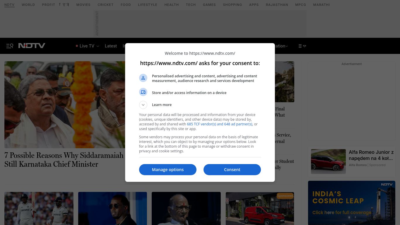 ndtv.com website homepage - live status check by WebsiteDown.xyz