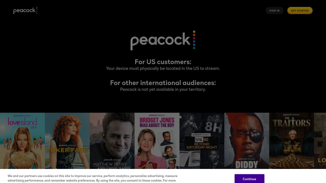 peacocktv.com website homepage - live status check by WebsiteDown.xyz