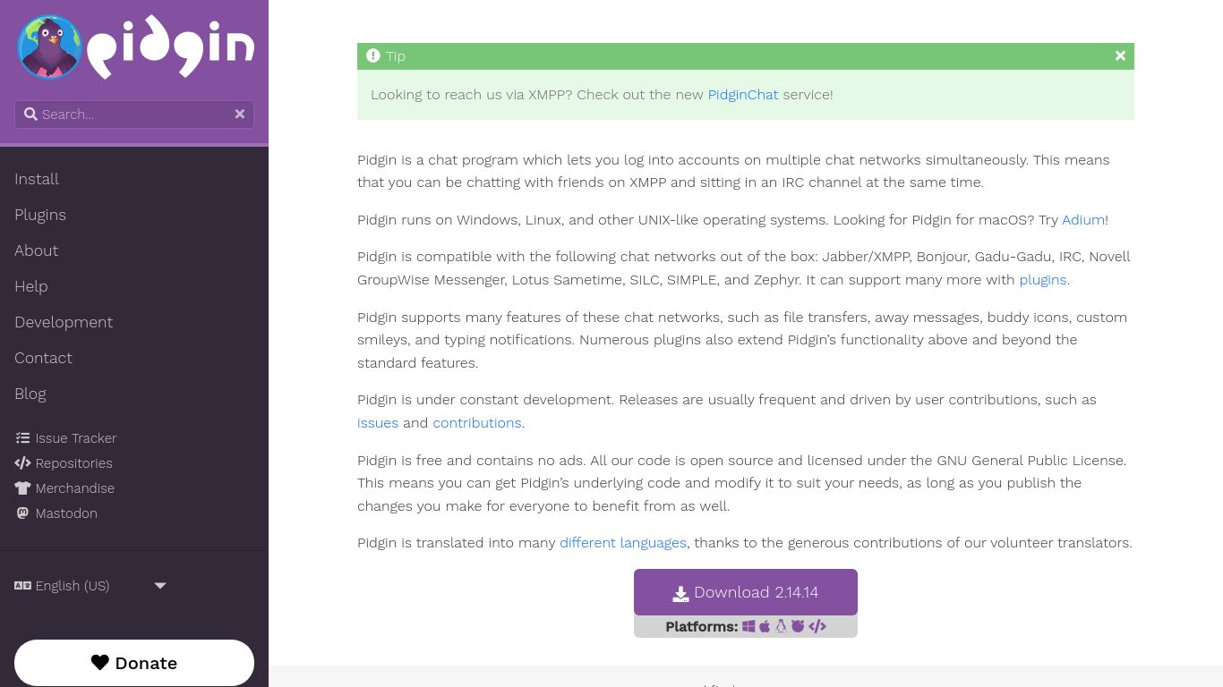 pidgin.im website homepage - live status check by WebsiteDown.xyz