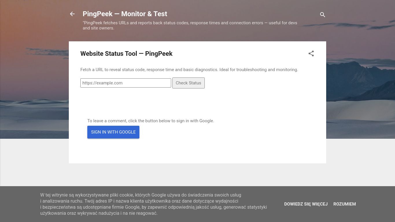 pingpeek.blogspot.com website homepage - live status check by WebsiteDown.xyz