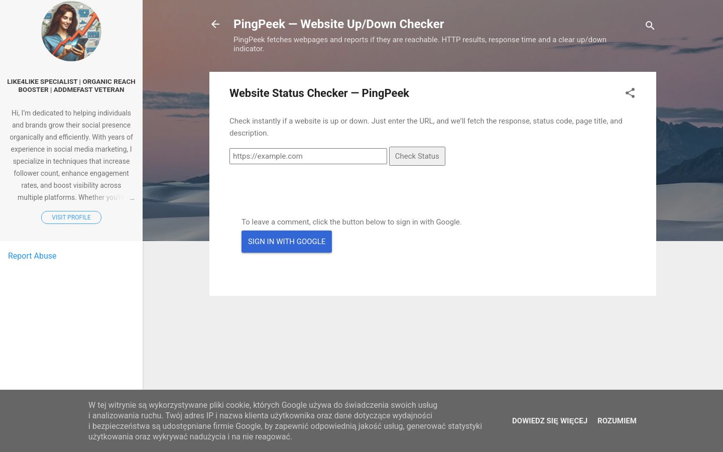 pingpeekchecker.blogspot.com website homepage - live status check by WebsiteDown.xyz