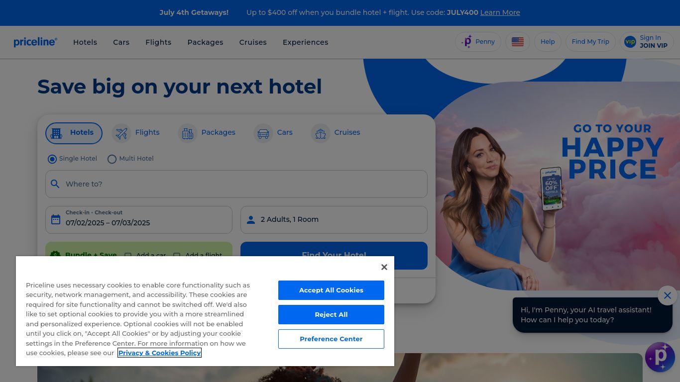 priceline.com website homepage - live status check by WebsiteDown.xyz