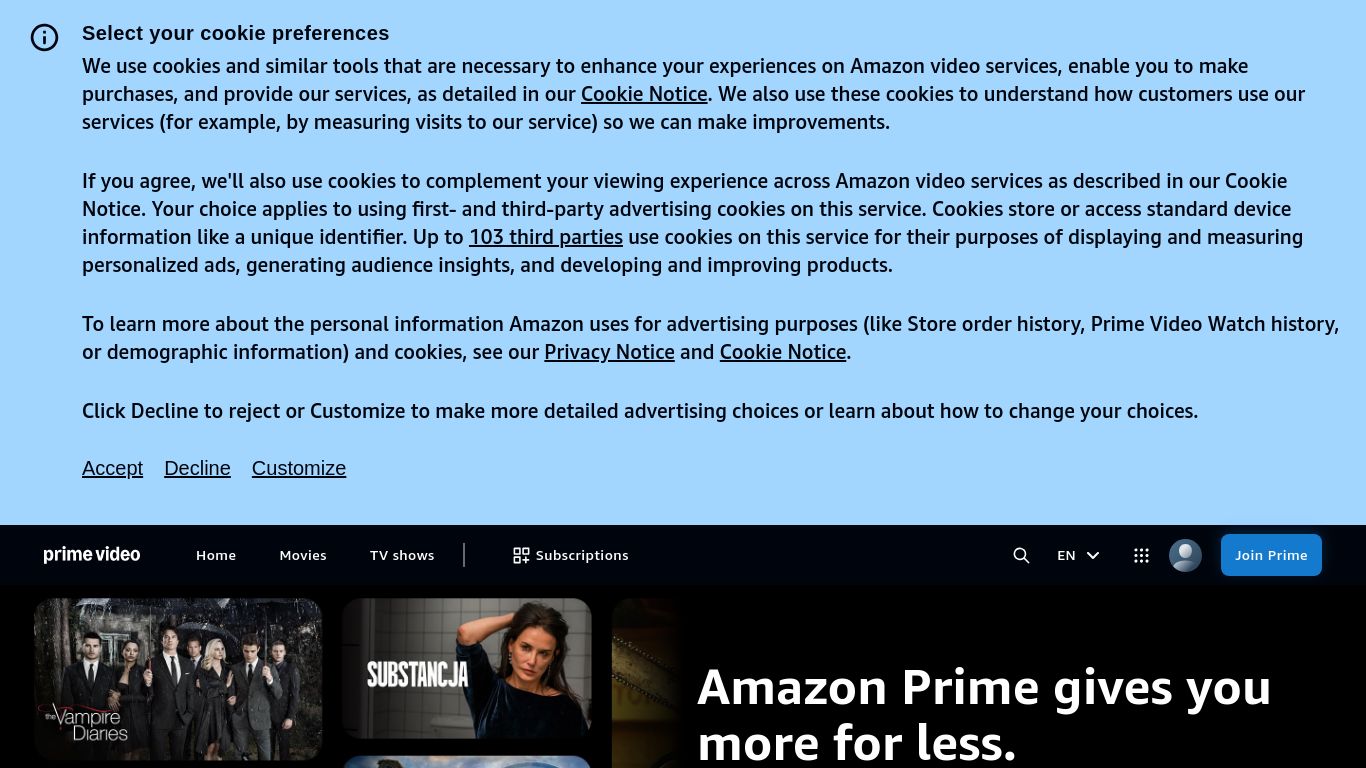 primevideo.com website homepage - live status check by WebsiteDown.xyz