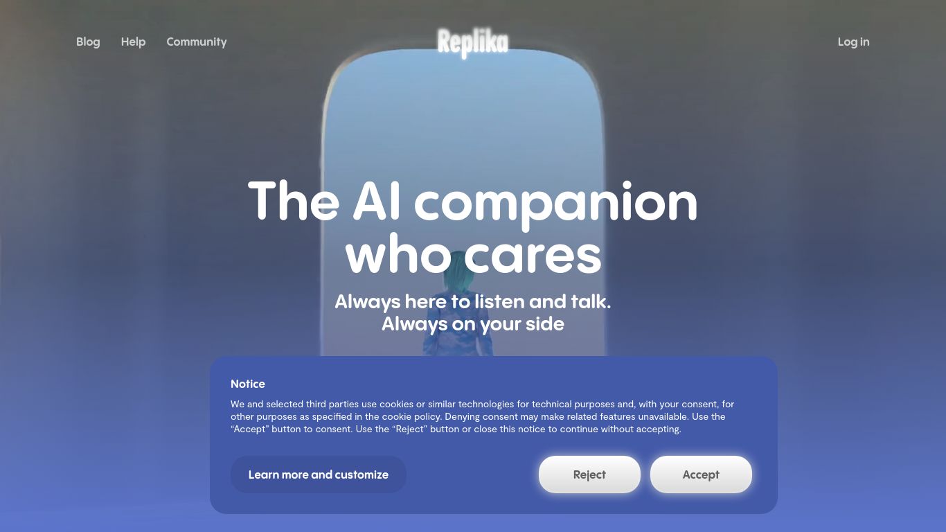 replika.com website homepage - live status check by WebsiteDown.xyz