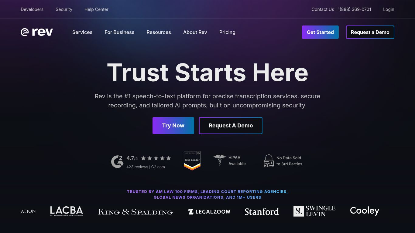 rev.com website homepage - live status check by WebsiteDown.xyz