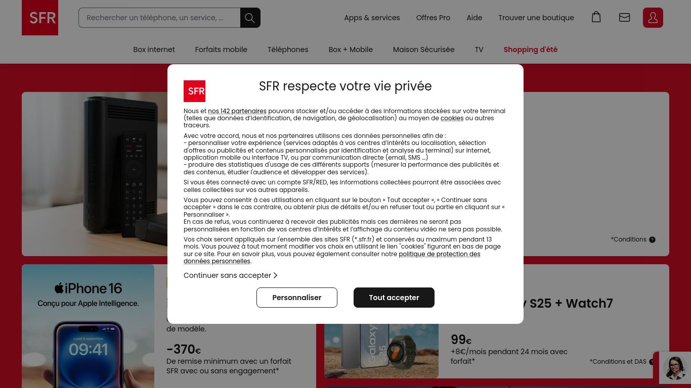sfr.fr website homepage - live status check by WebsiteDown.xyz