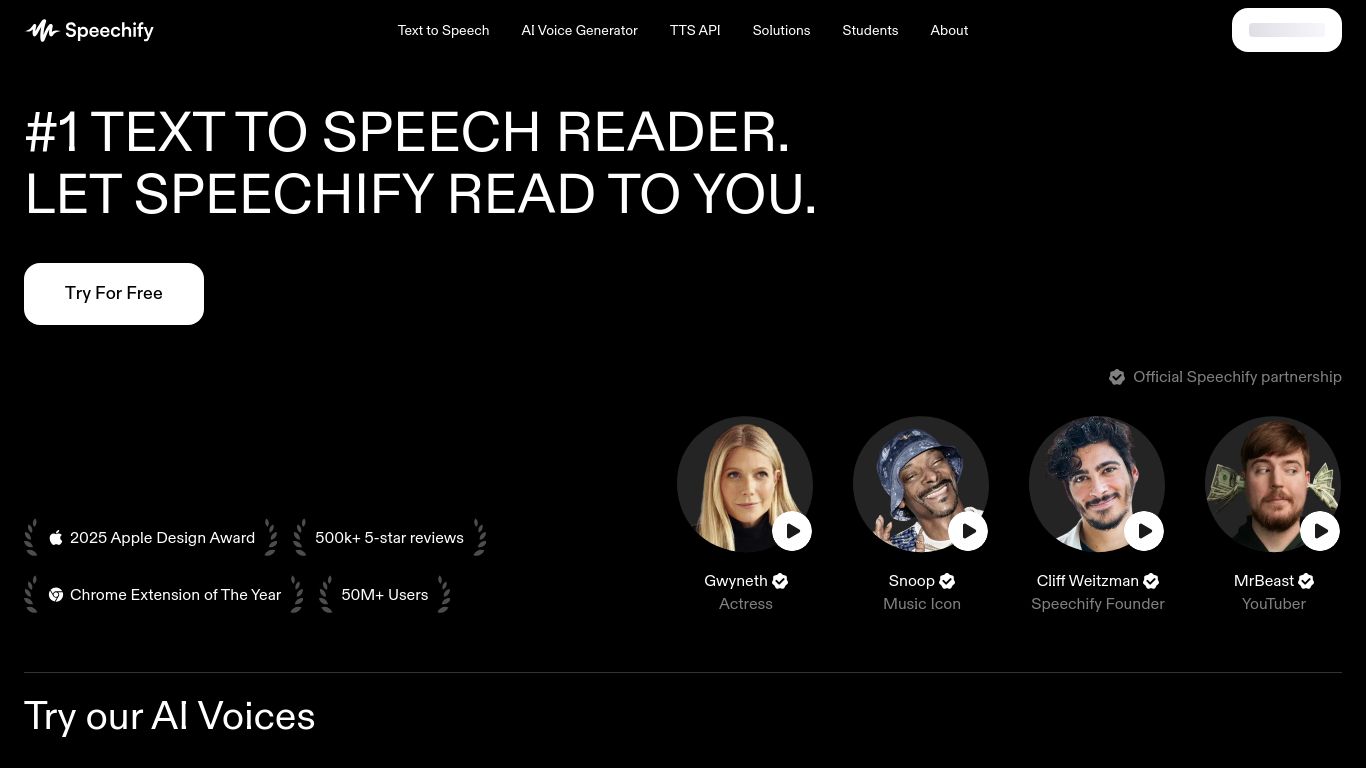 speechify.com website homepage - live status check by WebsiteDown.xyz