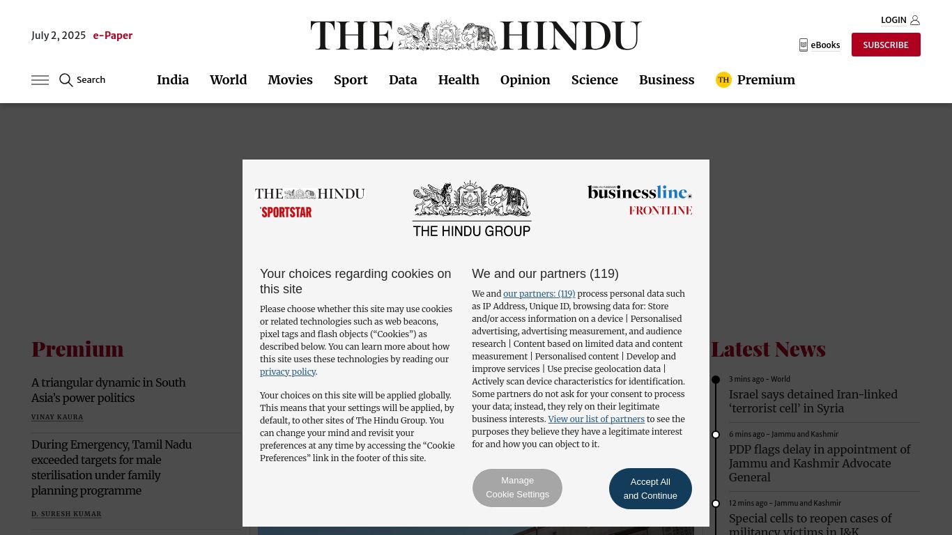 thehindu.com website homepage - live status check by WebsiteDown.xyz