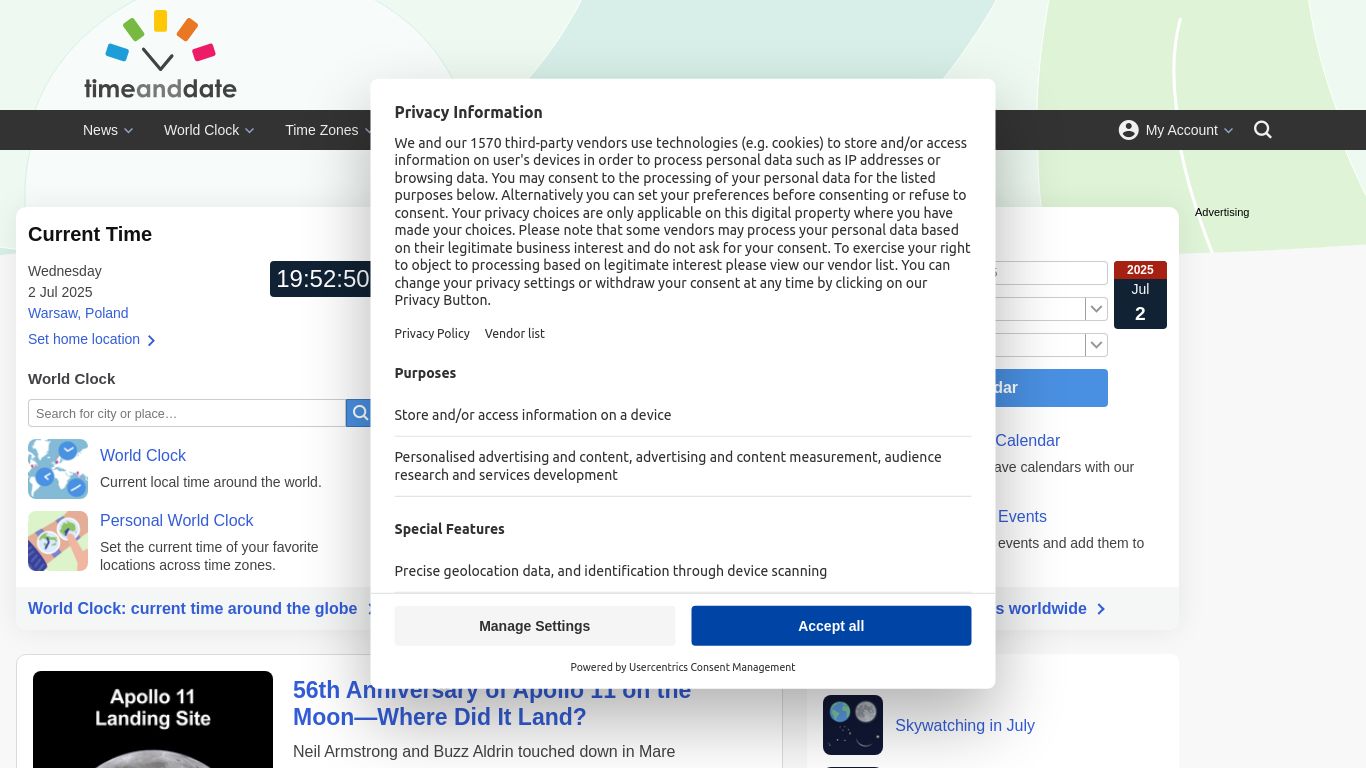 timeanddate.com website homepage - live status check by WebsiteDown.xyz