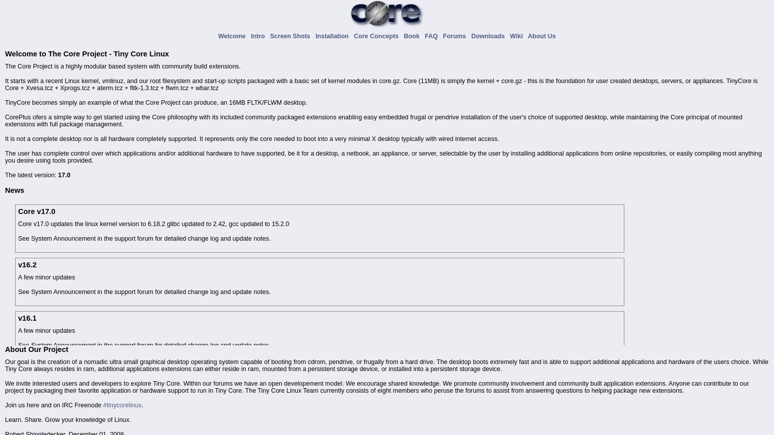 tinycorelinux.net website homepage - live status check by WebsiteDown.xyz