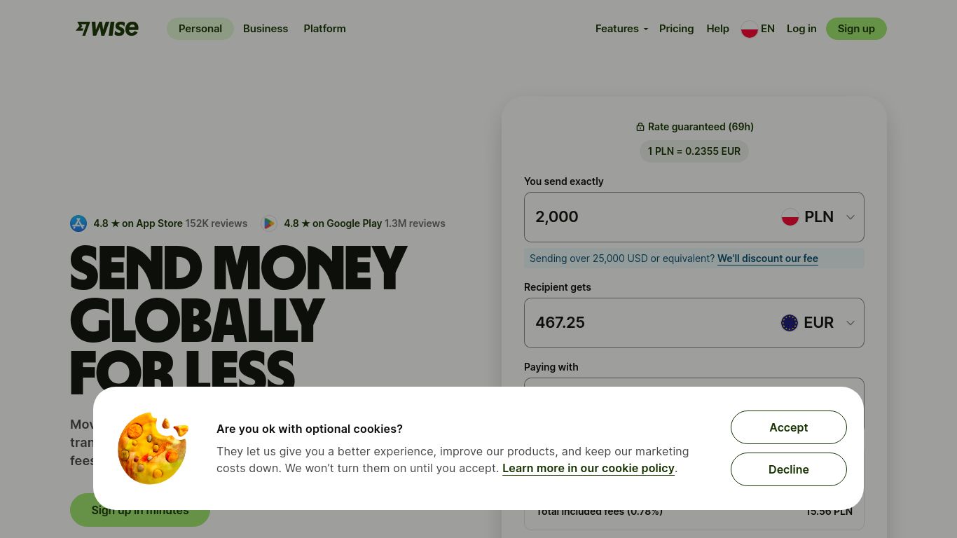 transferwise.com website homepage - live status check by WebsiteDown.xyz