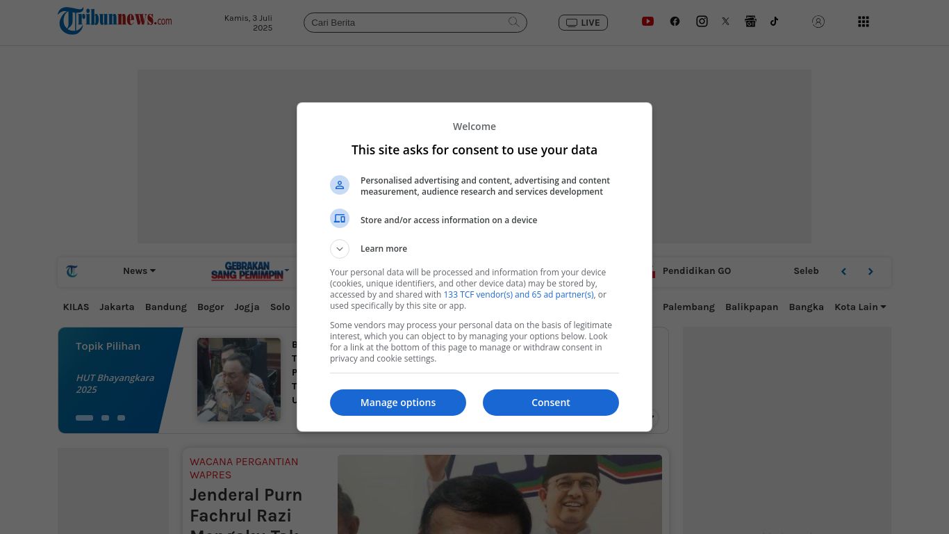 tribunnews.com website homepage - live status check by WebsiteDown.xyz