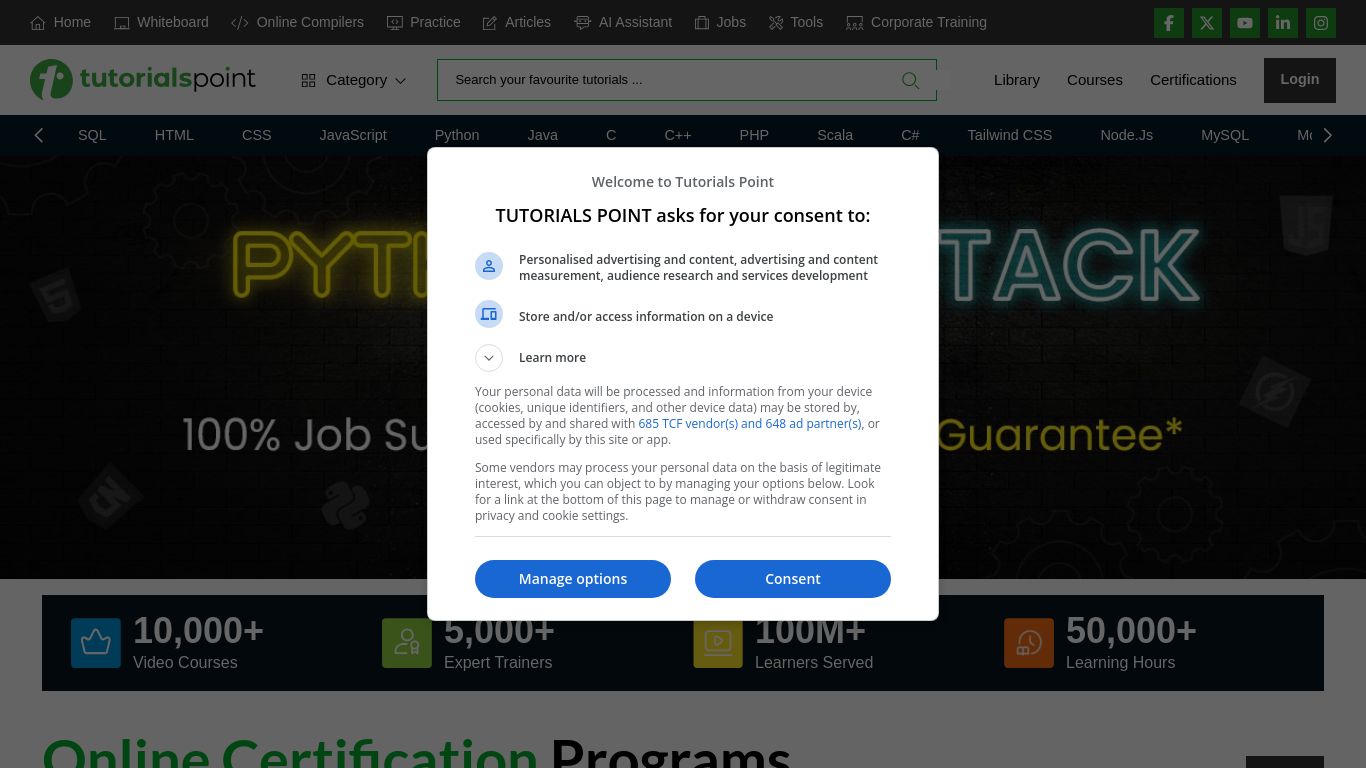 tutorialspoint.com website homepage - live status check by WebsiteDown.xyz
