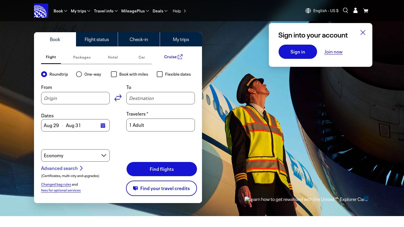 united.com website homepage - live status check by WebsiteDown.xyz
