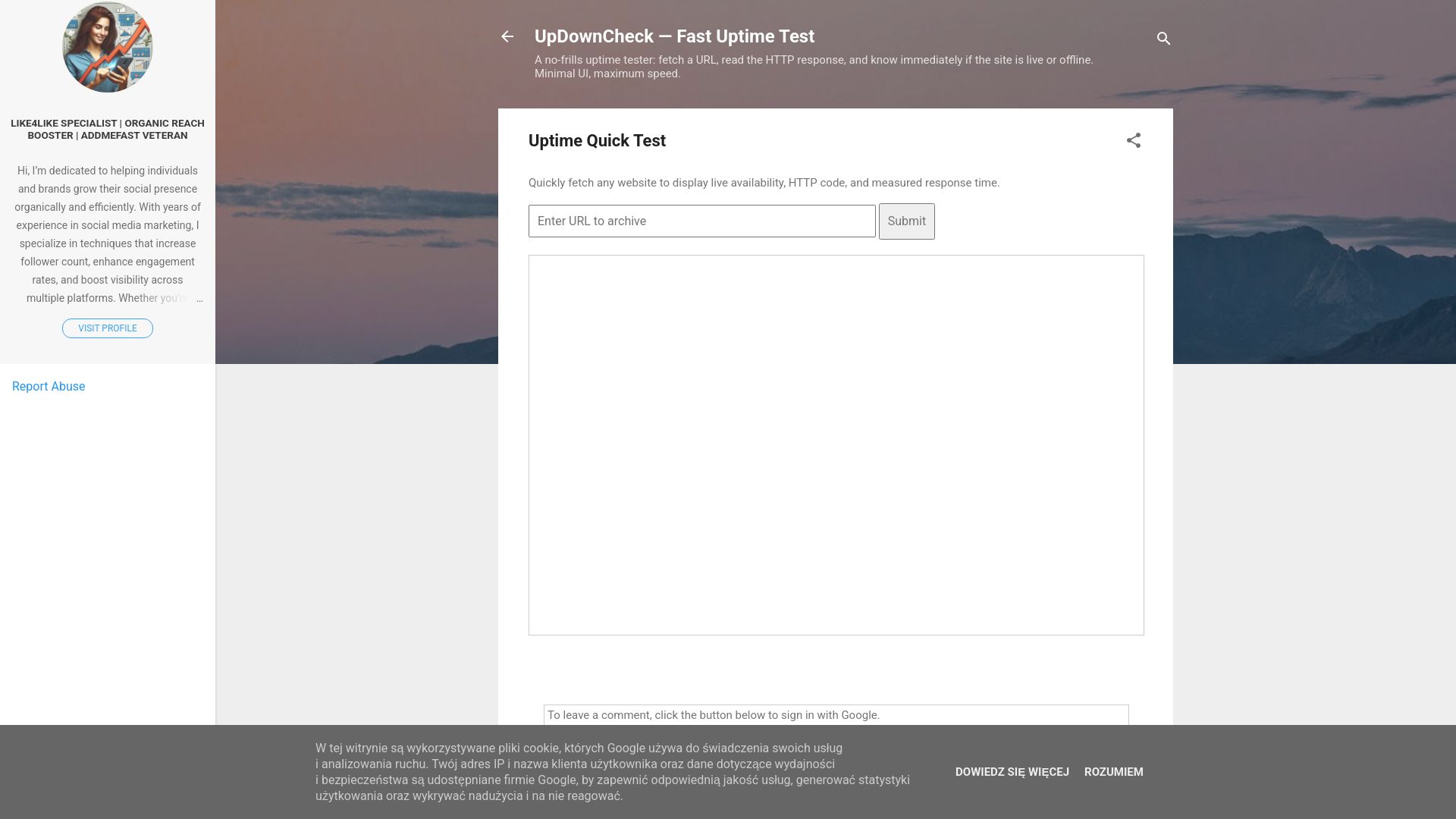 updowncheck.blogspot.com website homepage - live status check by WebsiteDown.xyz