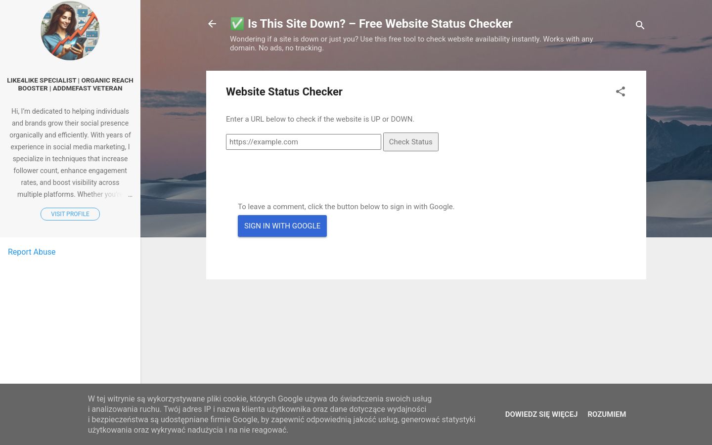 upordowntool.blogspot.com website homepage - live status check by WebsiteDown.xyz