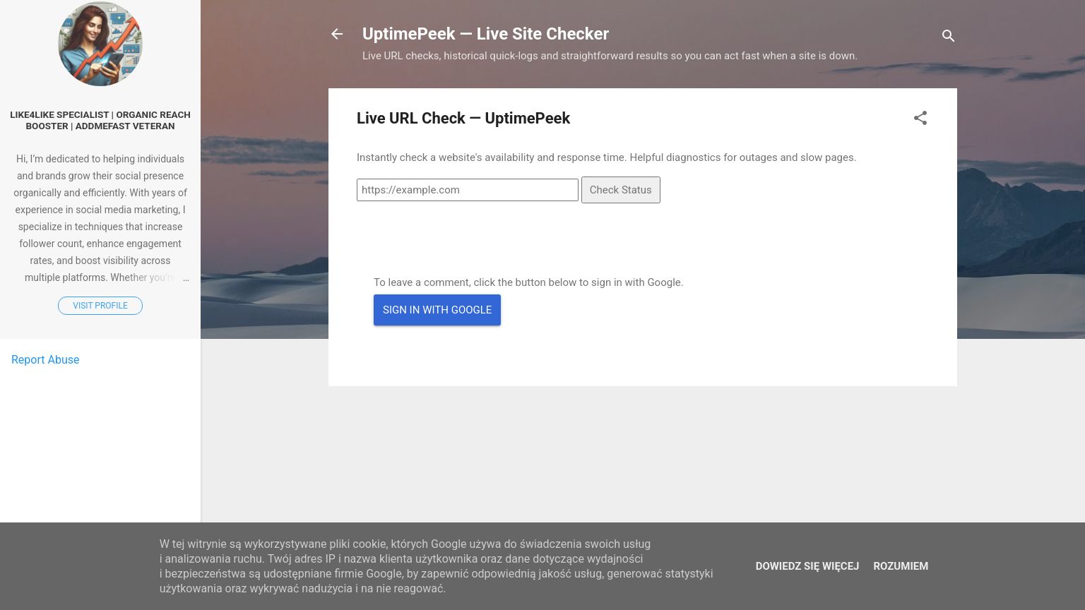 uptimepeek.blogspot.com website homepage - live status check by WebsiteDown.xyz