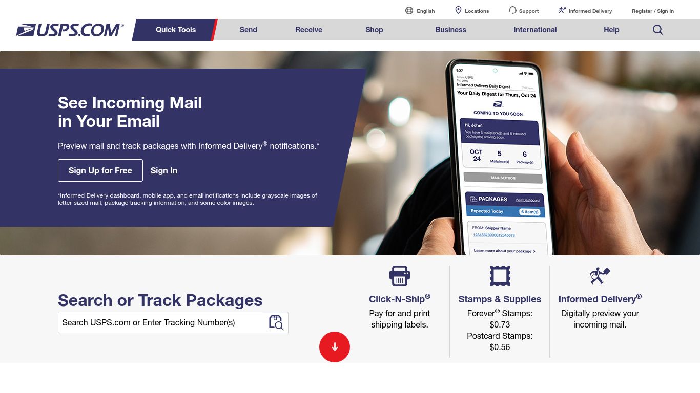 usps.com website homepage - live status check by WebsiteDown.xyz