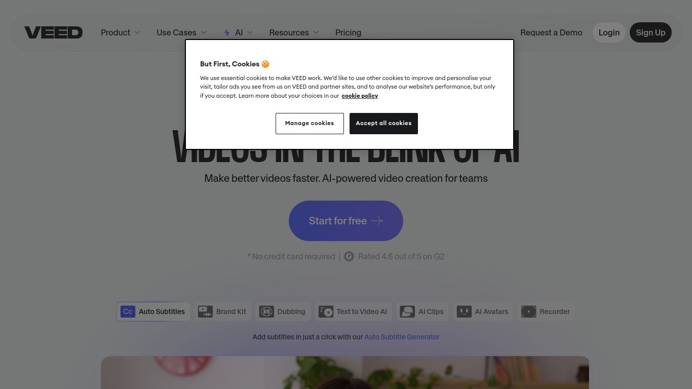 veed.io website homepage - live status check by WebsiteDown.xyz