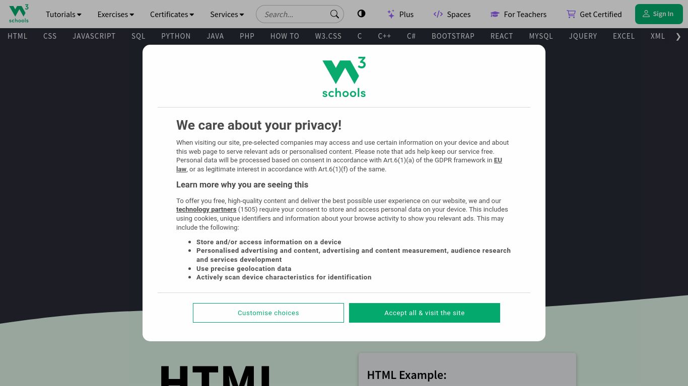 w3schools.com website homepage - live status check by WebsiteDown.xyz