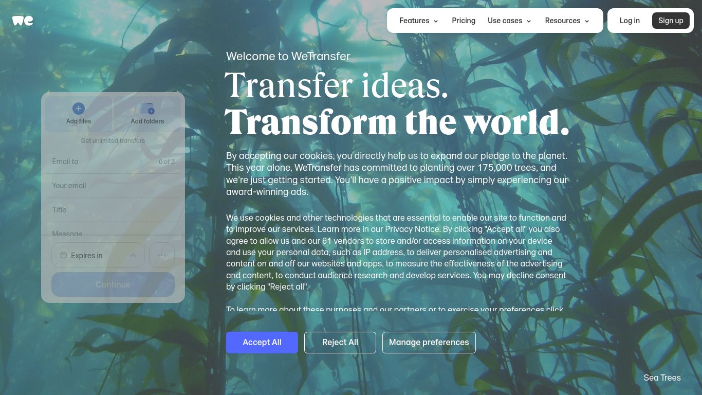 wetransfer.com website homepage - live status check by WebsiteDown.xyz
