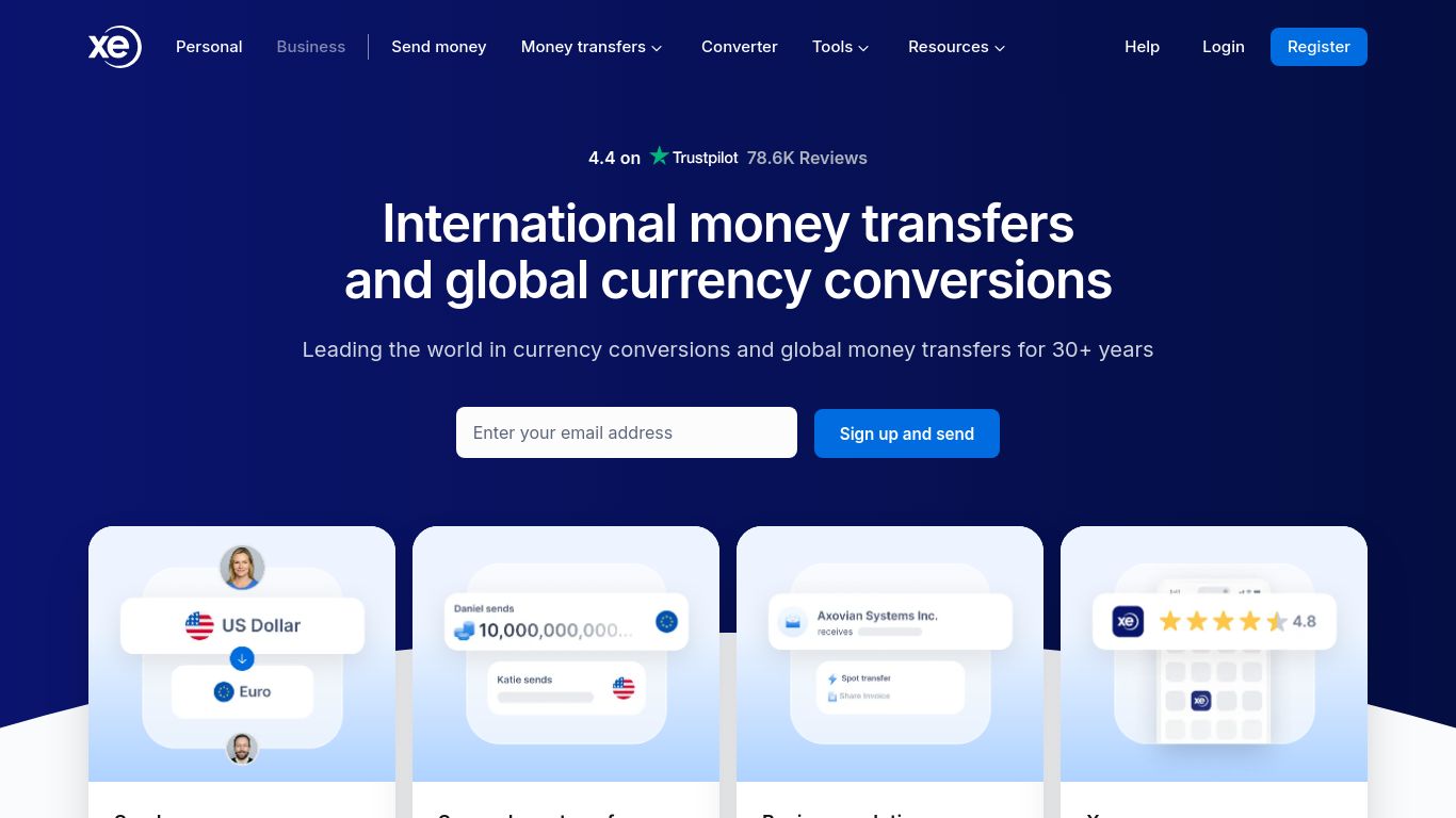 xe.com website homepage - live status check by WebsiteDown.xyz